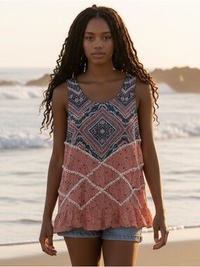 Umgee Coral and Navy Patterned Sleeveless Boho Tank